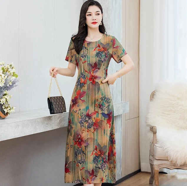 Women Summer Dress Plus Size 5XL Loose Middle-aged Mother Casual Short Sleeve Long Dress O-Neck Floral Print Cotton Dresses
