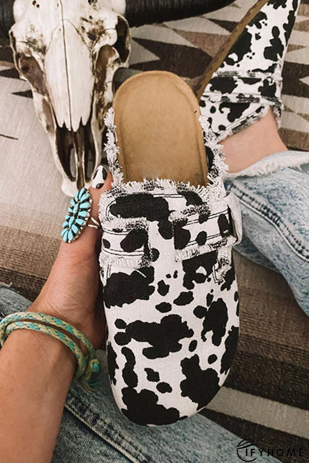 Animal Print Buckle Strap Frayed Canvas Slip On Slippers | IFYHOME