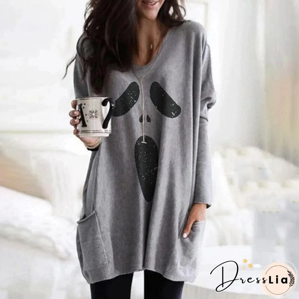Women Autumn Fashion V-Neck Long Sleeve Halloween Ghost Print Pockets Design Top Casual Loose Blouse Oversized T-Shirts New