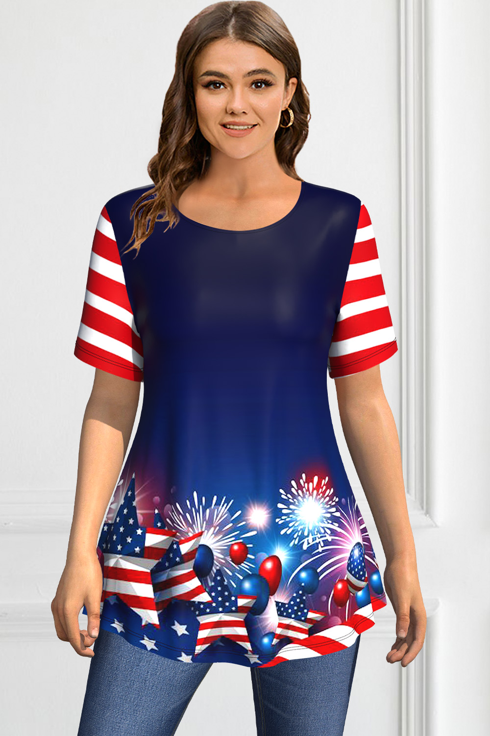 Flycurvy Plus Size Casual Dark Blue Sparkly Striped Star Print T-Shirt 2024 - Flycurvy 