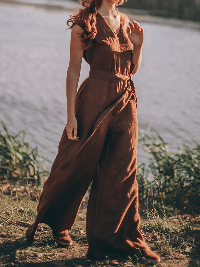 Women's Retro Solid Color V-Neck Loose Casual Cotton Jumpsuit (Belt Included)