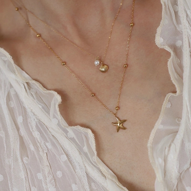 Cute Vintage Style Vacation Geometric Starfish Shell 304 Stainless Steel 18K Gold Plated Double Layer Necklaces