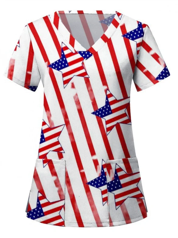 Women's USA Flag Printed Pocket Design Short Sleeve V-neck Loose T-shirt