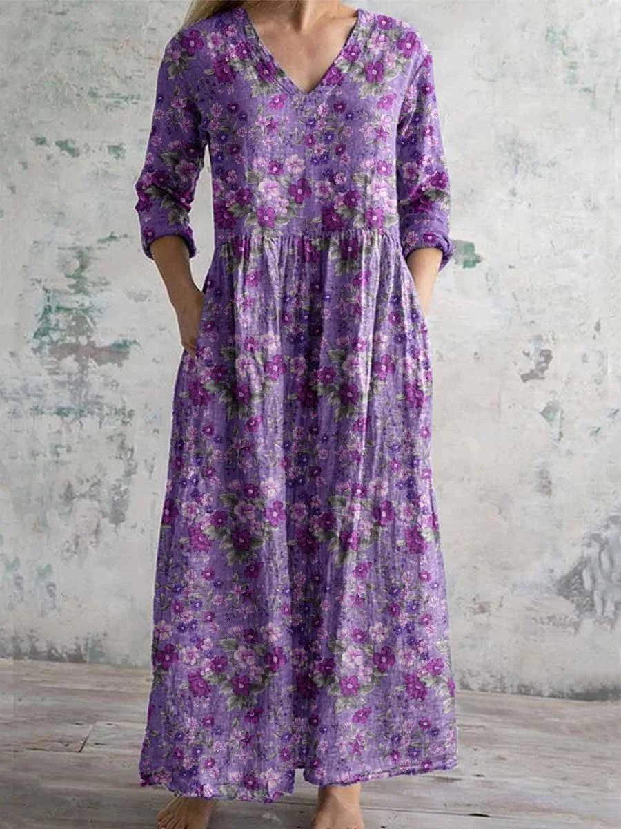 Women's 3/4 Sleeve V-neck Floral Printed Midi Dress