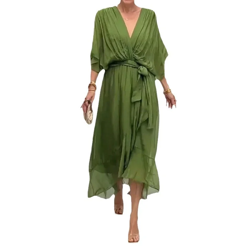 Uveng Uveng New Women's Solid Color With Long Skirt Bat Sleeve Irregular Dress Large