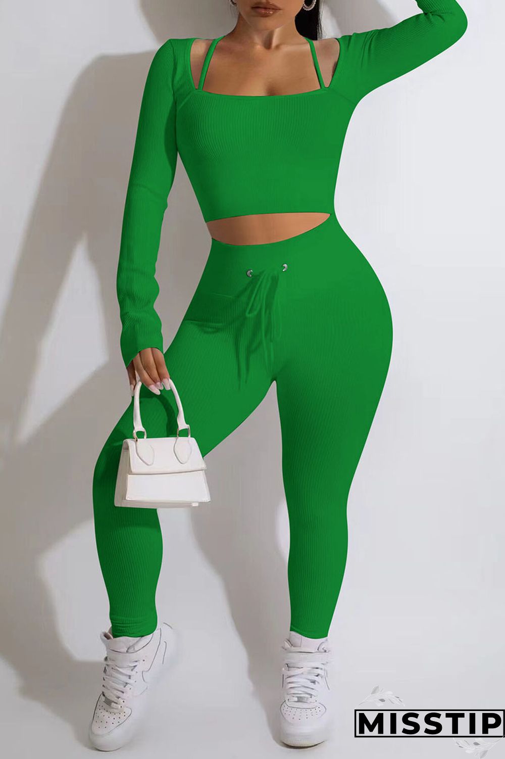 Green Casual Street Solid Patchwork Square Collar Long Sleeve Two Pieces