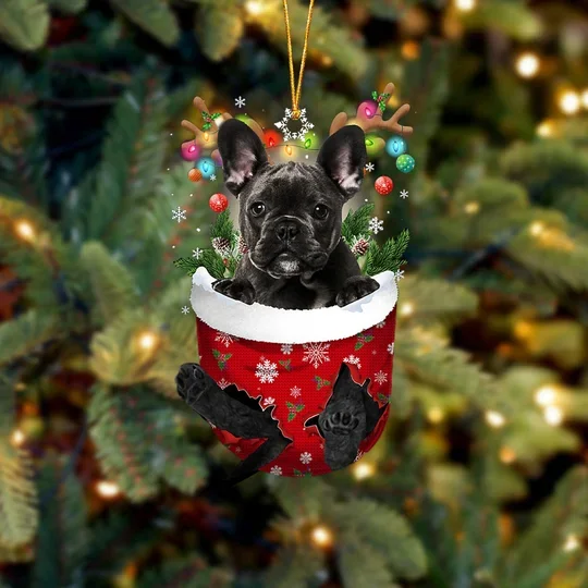 BLACK French Bulldog In Snow Pocket Christmas Ornament trabladzer
