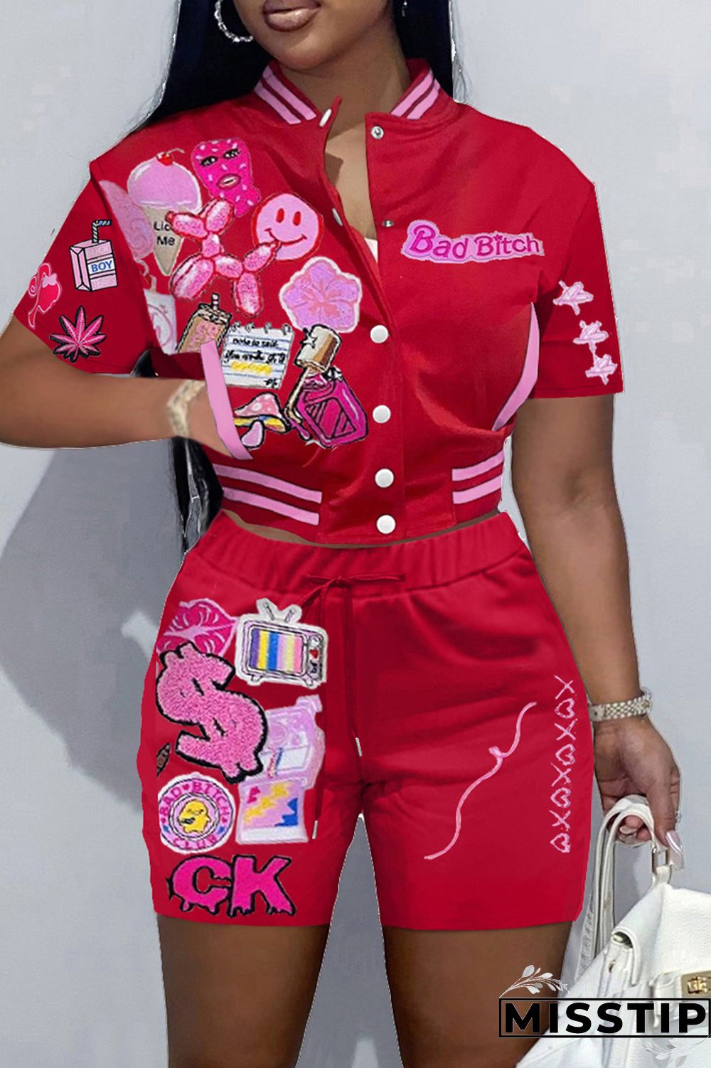 Green Casual Print Patchwork Short Sleeve Two Pieces