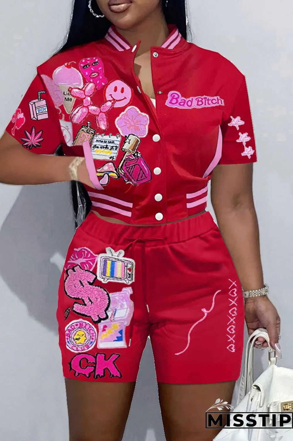 Green Casual Print Patchwork Short Sleeve Two Pieces