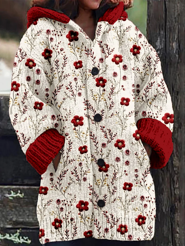 VChics Burgundy Minimal Floral Embroidery Cozy Hooded Cardigan