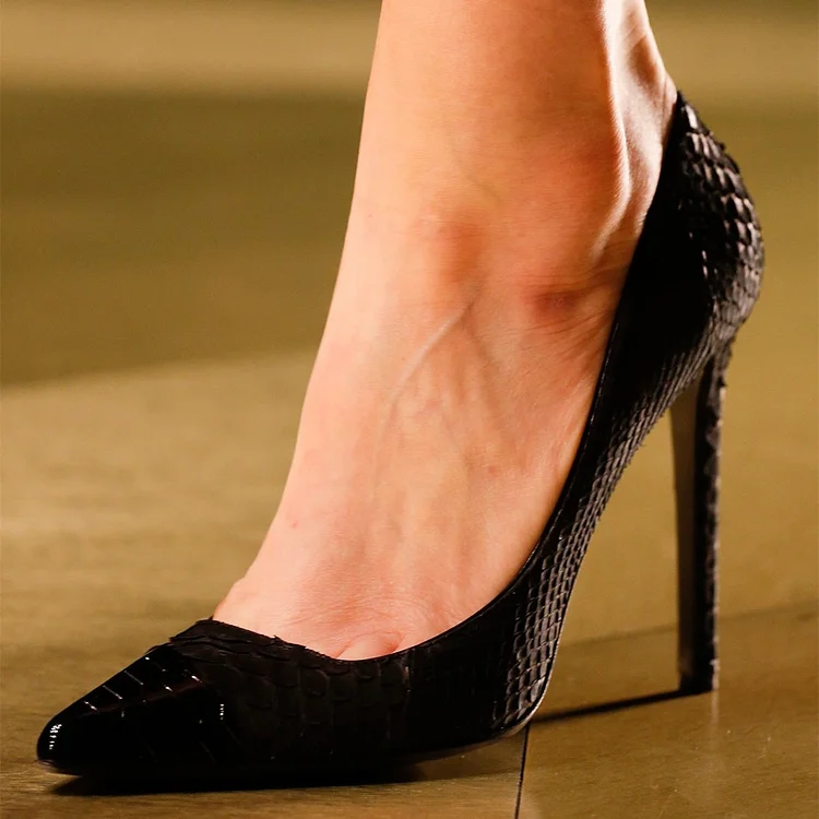 Black Python Stiletto Heels Pumps |FSJ Shoes