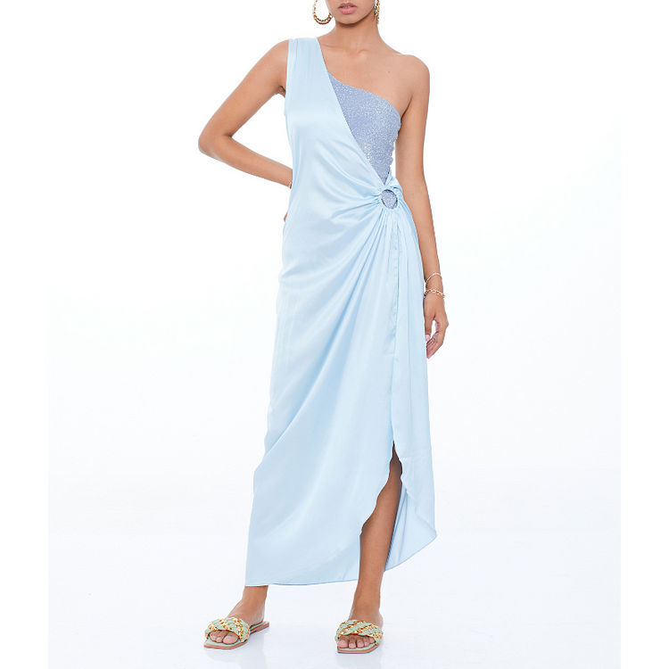 Flaxmaker Pearl Shoulder Strap Cutout Shiny Texture One Piece Swimsuit and Dress