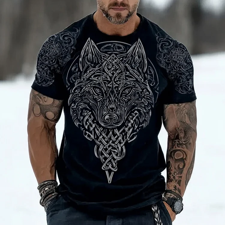 Men's Retro Viking Celtic Wolf Pattern Crew Neck Short Sleeve T-shirt