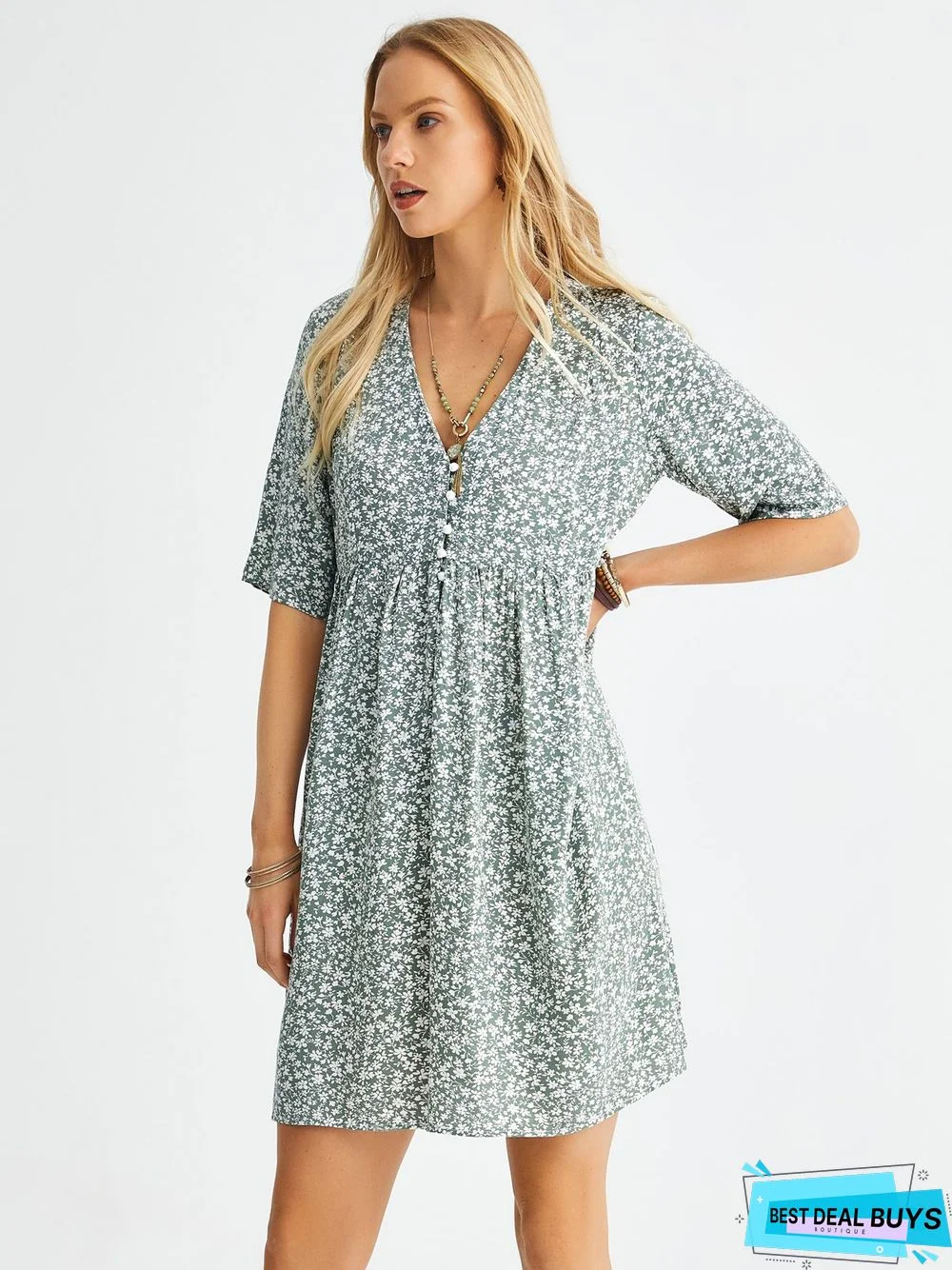 Boho Floral Print Short Sleeve Knee Length Dress