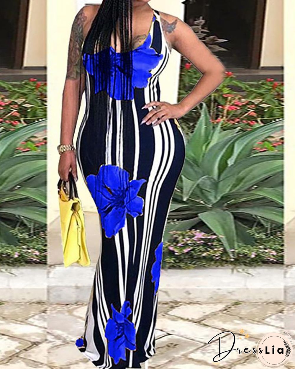 Sexy Floral Print Striped Bodycon Maxi Dress