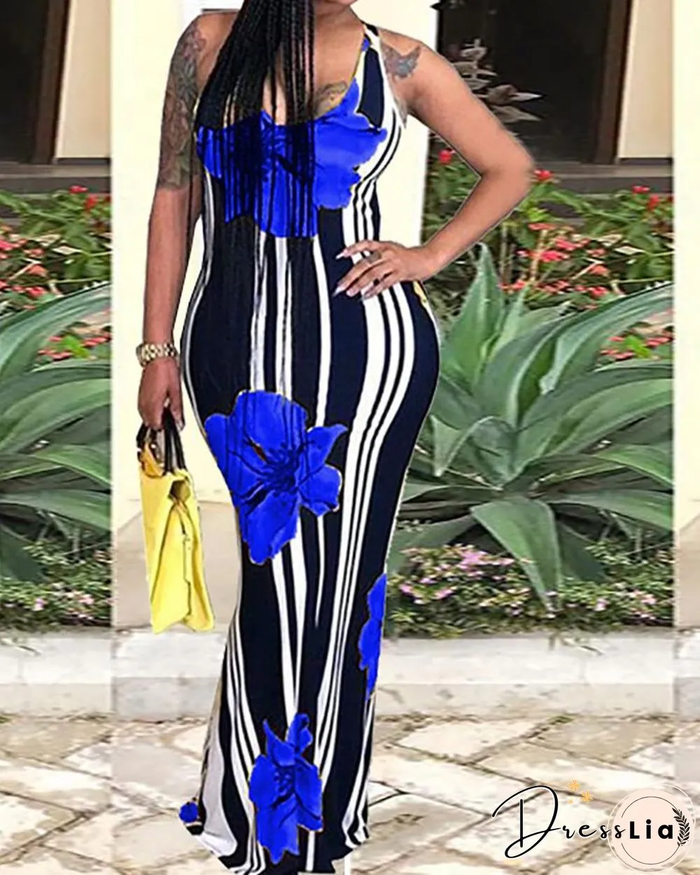 Sexy Floral Print Striped Bodycon Maxi Dress