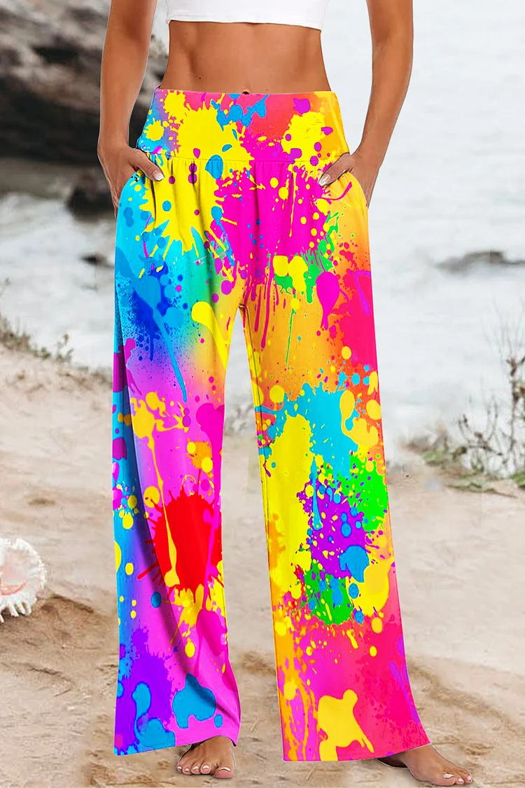 🔥kukelife🔥Hippie Psychedelic Tie-dye Splash Ink Art Pattern High Waisted Baggy Pants with Pockets