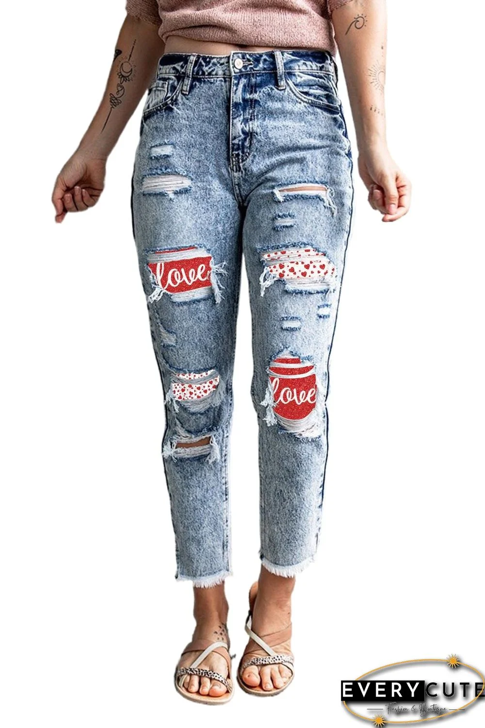 Love Heart Print Patchwork Distressed High Rise Jeans