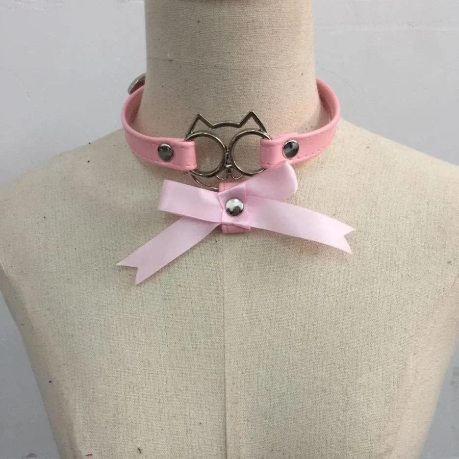 Pink/White/Black Cat Face Bowknot Collar Choker SP1811734