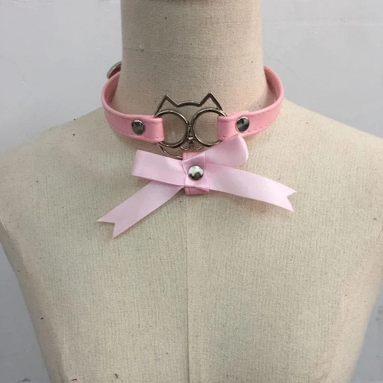 Pink/White/Black Cat Face Bowknot Collar Choker SP1811734