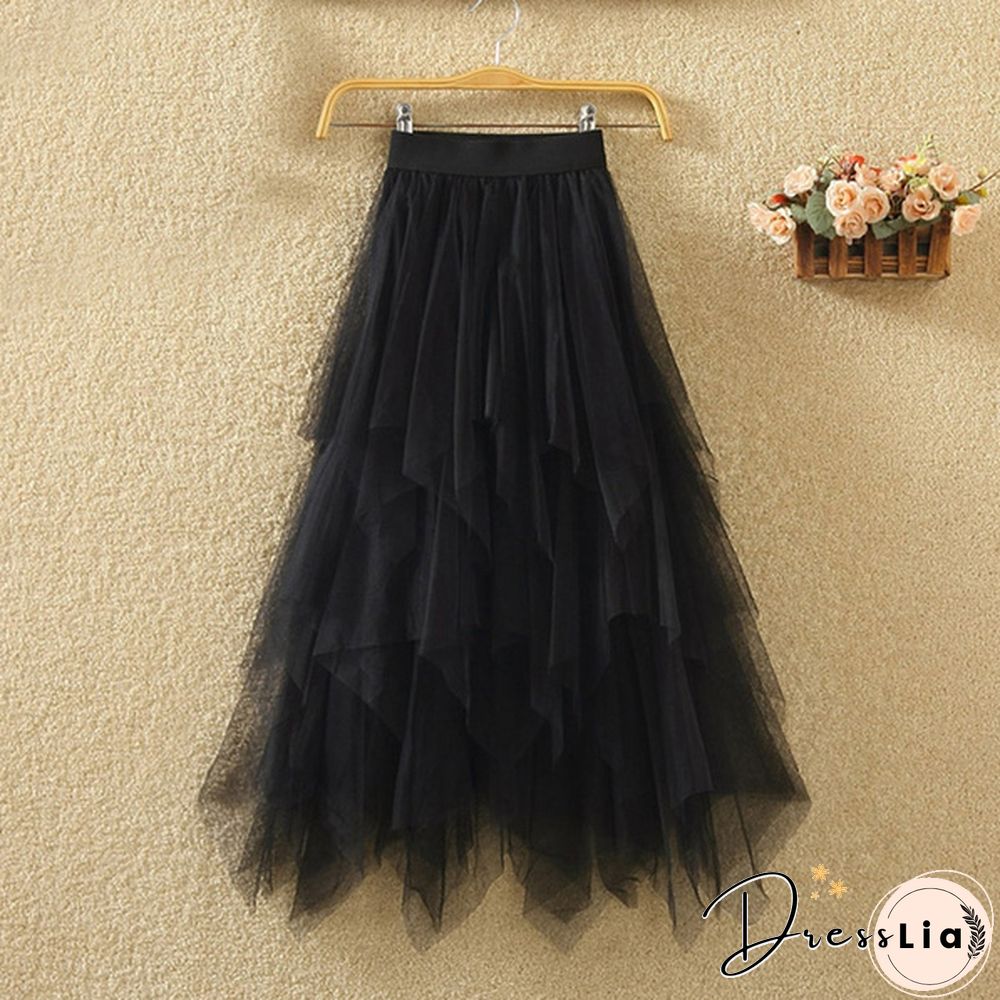 Black Irregular Mesh Gauze Women's Spring And Summer High Waist Wild Was Thin A Word Puff Skirt Skirt Long Skirt