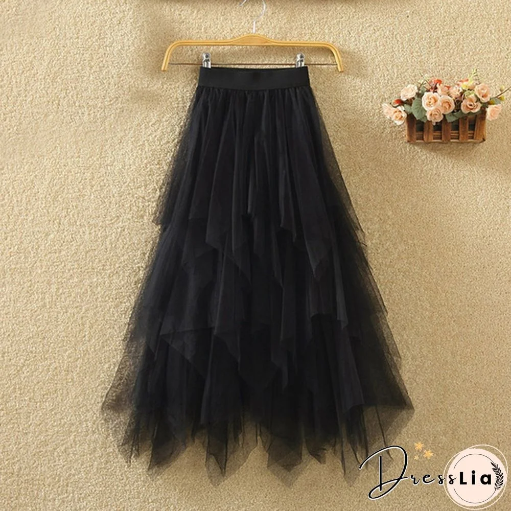 Black Irregular Mesh Gauze Women's Spring And Summer High Waist Wild Was Thin A Word Puff Skirt Skirt Long Skirt