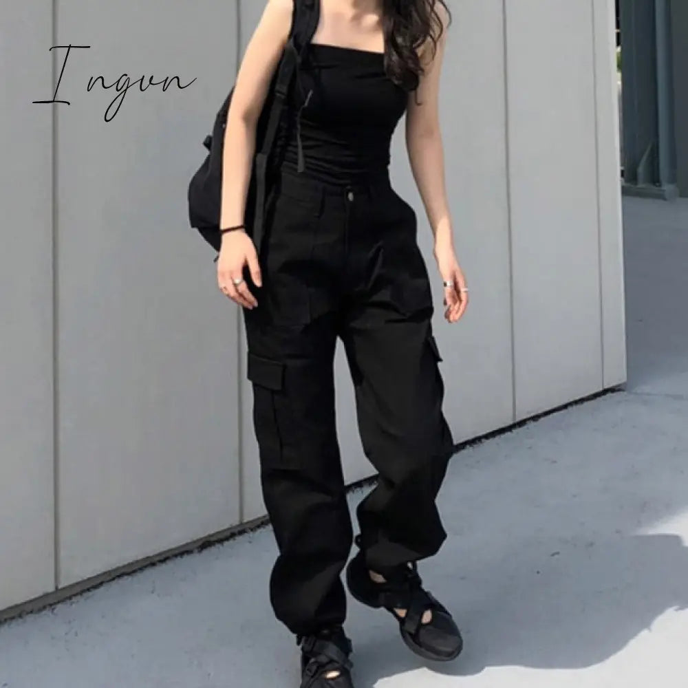 Ingvn - Button Pockets Patchwork Cargo Pants Women Streetwear High Waist Trousers Fashion Pencil