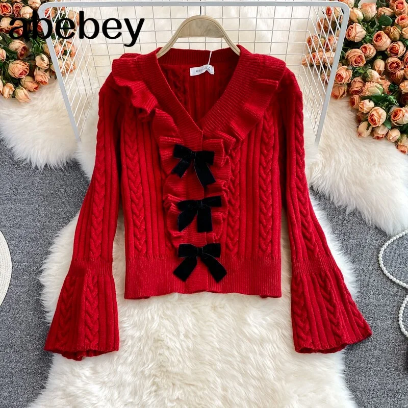 New Spring Autumn Korean versatile V-neck flare sleeve knitted Pullover bow Ruffles decoration short Sweater Top
