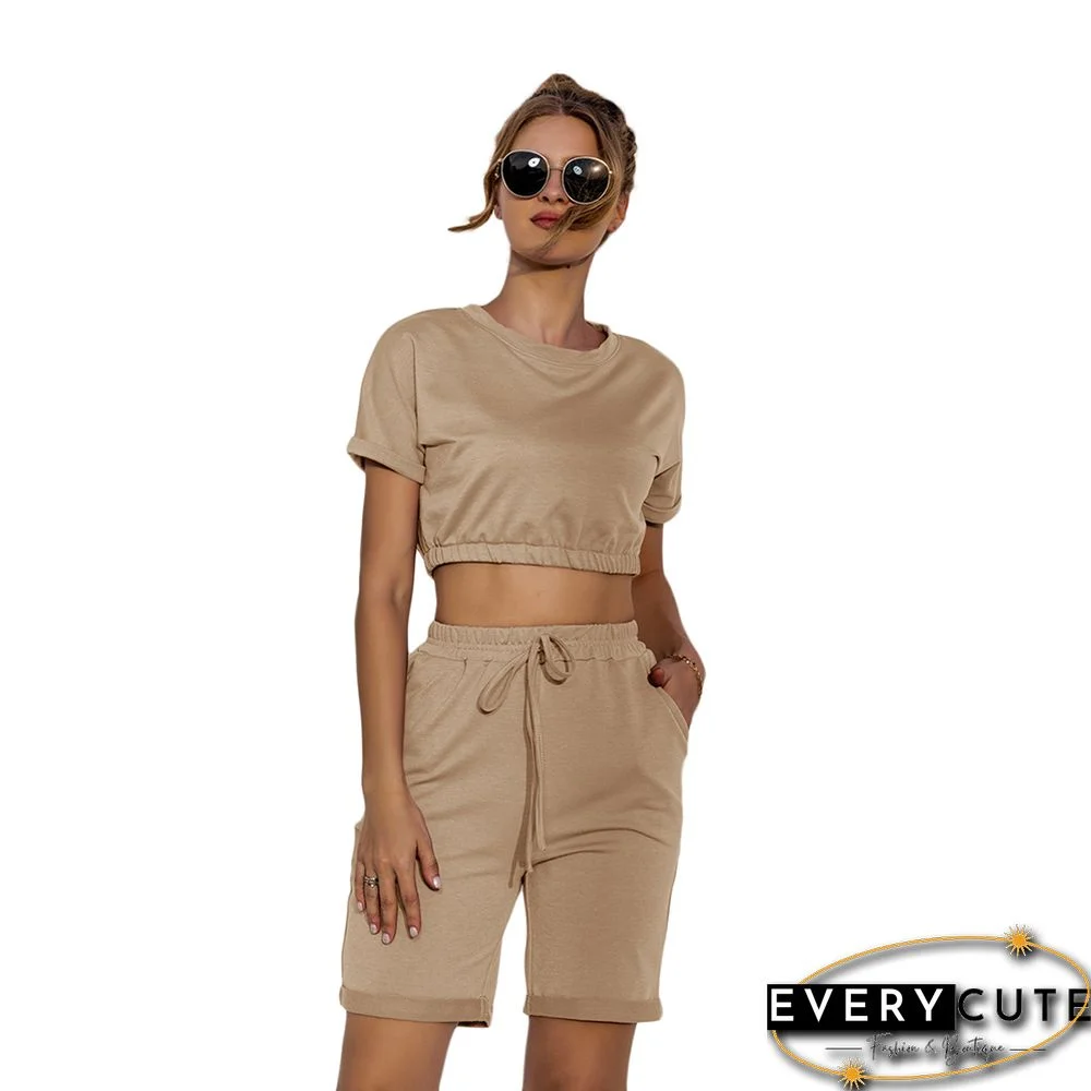 Khaki Crop Top with Drawstring Shorts Set