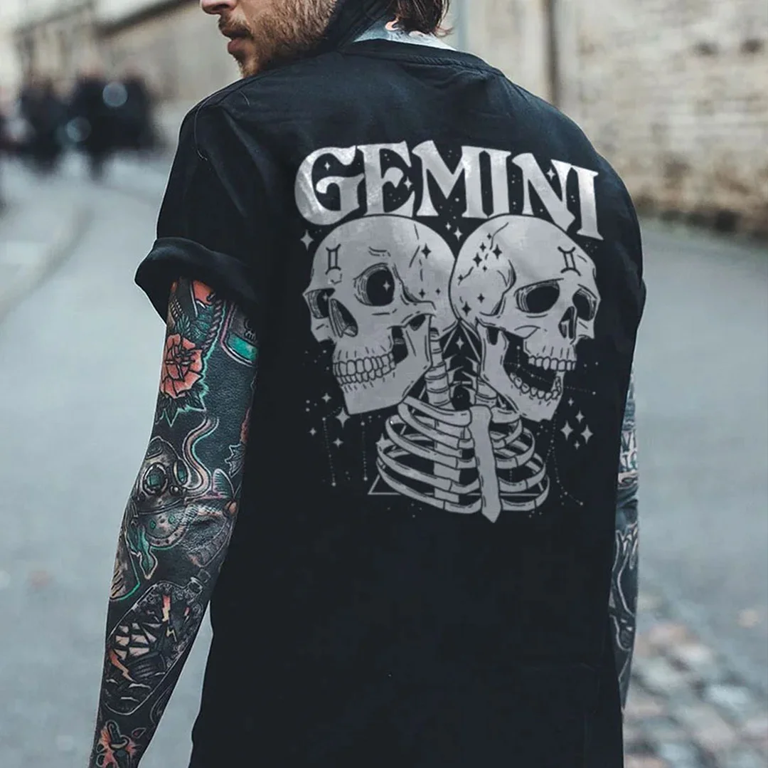 GEMINI Skull with Two Heads Casual Graphic Black Print T-shirt