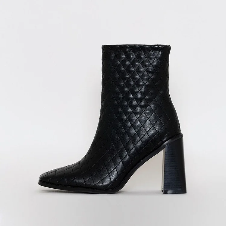 Black Square Toe Mid Calf Chunky Heel Zipper Boots Vdcoo