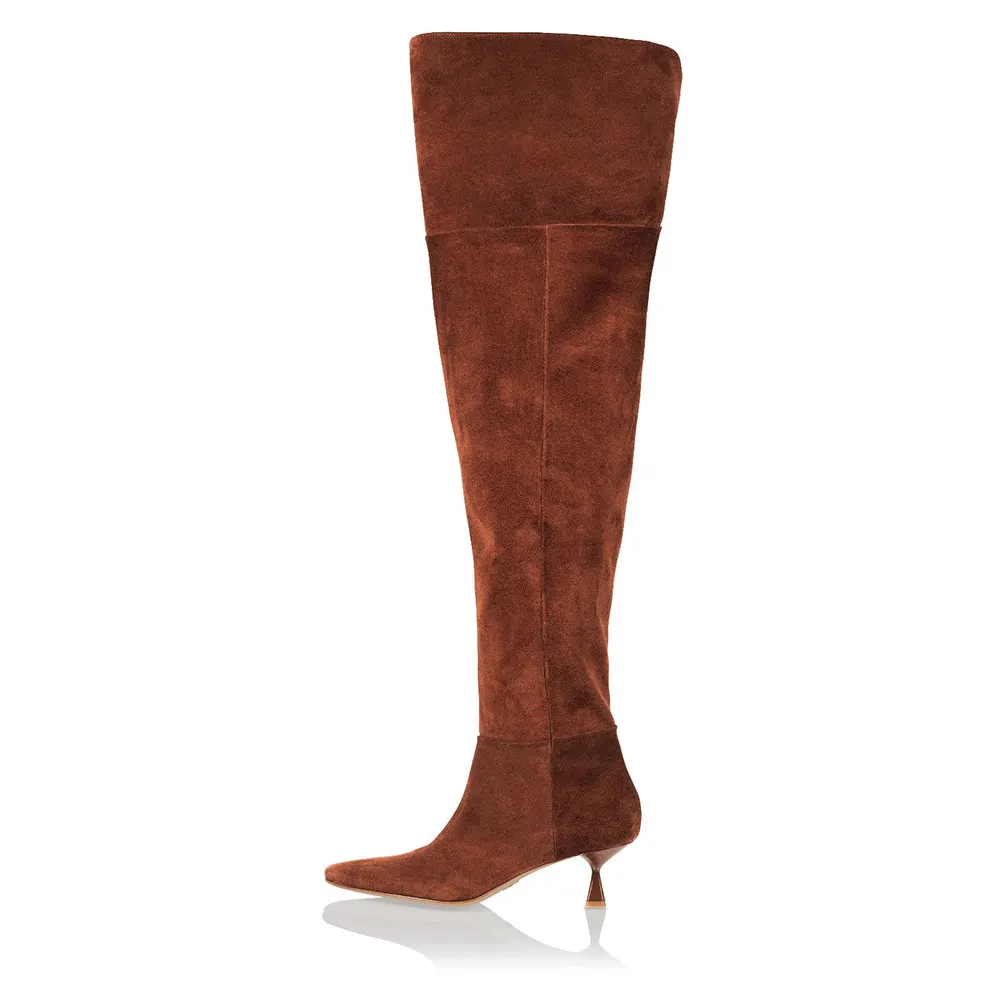 YDN Vegan Suede Kitten Heel Thigh High Slouch Boots in Brown