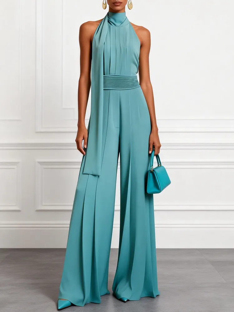 Blue Ruched Halter Mock Neck Sleeveless Dressy Jumpsuit