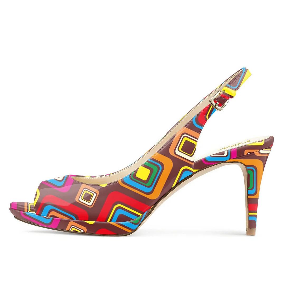 Patent Leather Multicolor Square Printed Platform Elegant High Heels