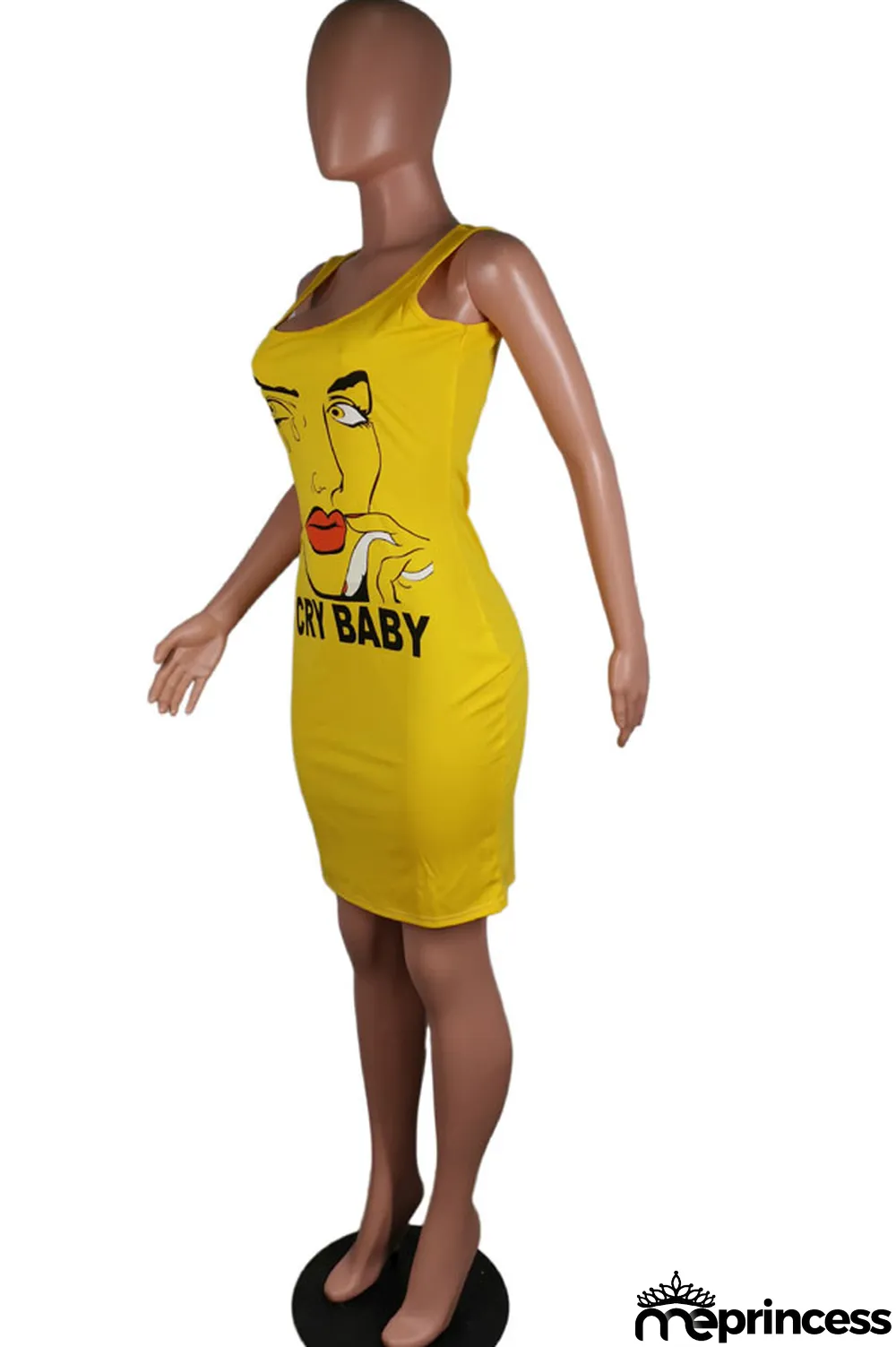 Pink Polyester Sexy White Green Pink Yellow Spaghetti Strap Sleeveless Slip Sheath Knee-Length Print Dresses