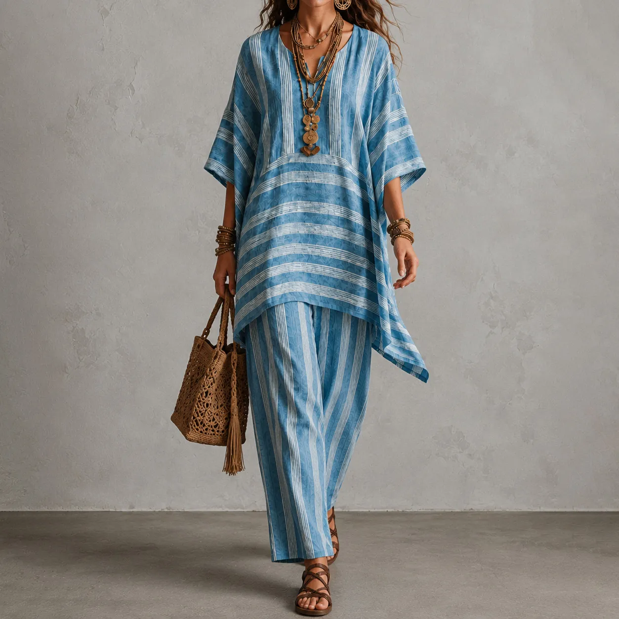 Comstylish Elegance V-neck Loose Striped Top + Loose Wide-leg Pants Two-piece Set