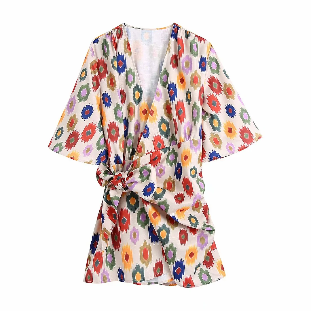 ZEVITY New Women Vintage Cross V Neck Geometric Print Bow Tied Slim Mini Dress Female Short Sleeve Casual Kimono Vestidos DS8691