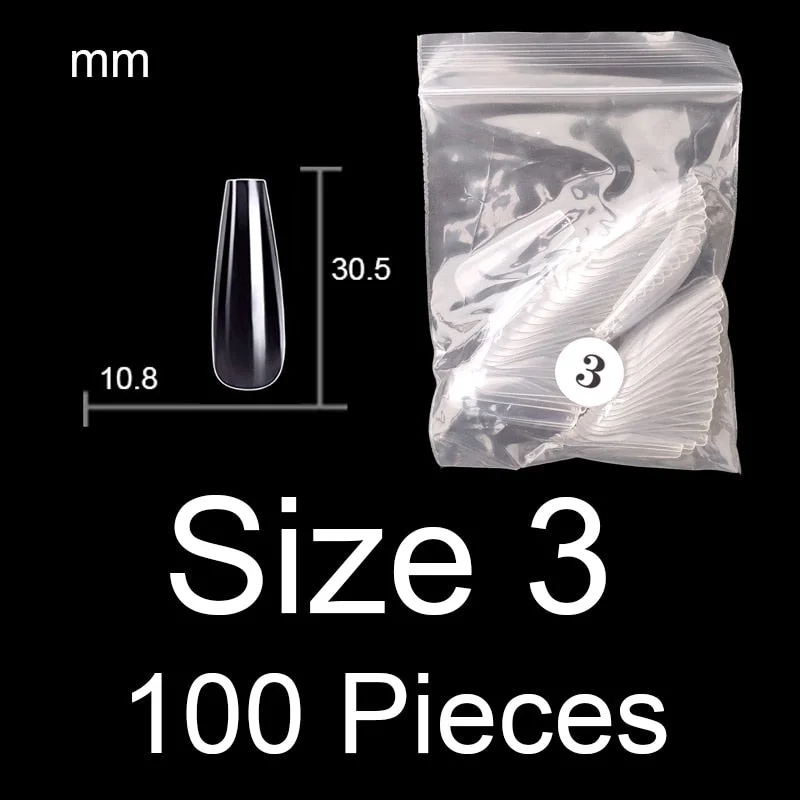 100 Pieces Full Cover Coffin Nails Single Size Ballet Shape Ballerina False Nail Tips Natural Transparent Size 0 ~ 9 Available-Nail Inspo