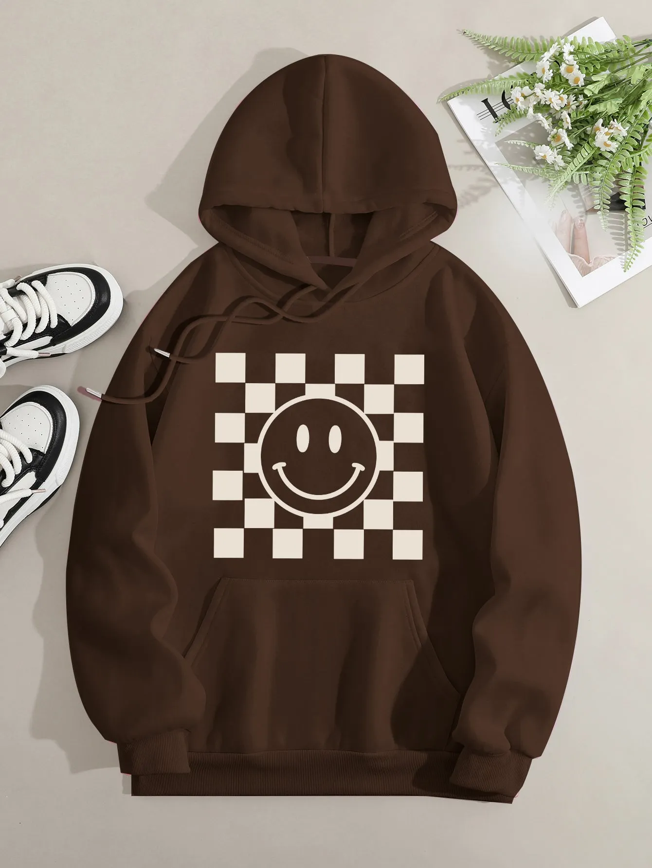 Printed on front Kangaroo Pocket Hoodie Long Sleeve for Women Pattern Smile Face