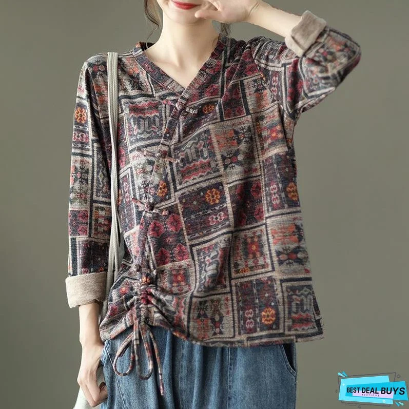 Vintage Floral Print Drawstring Cotton Blouse Summer