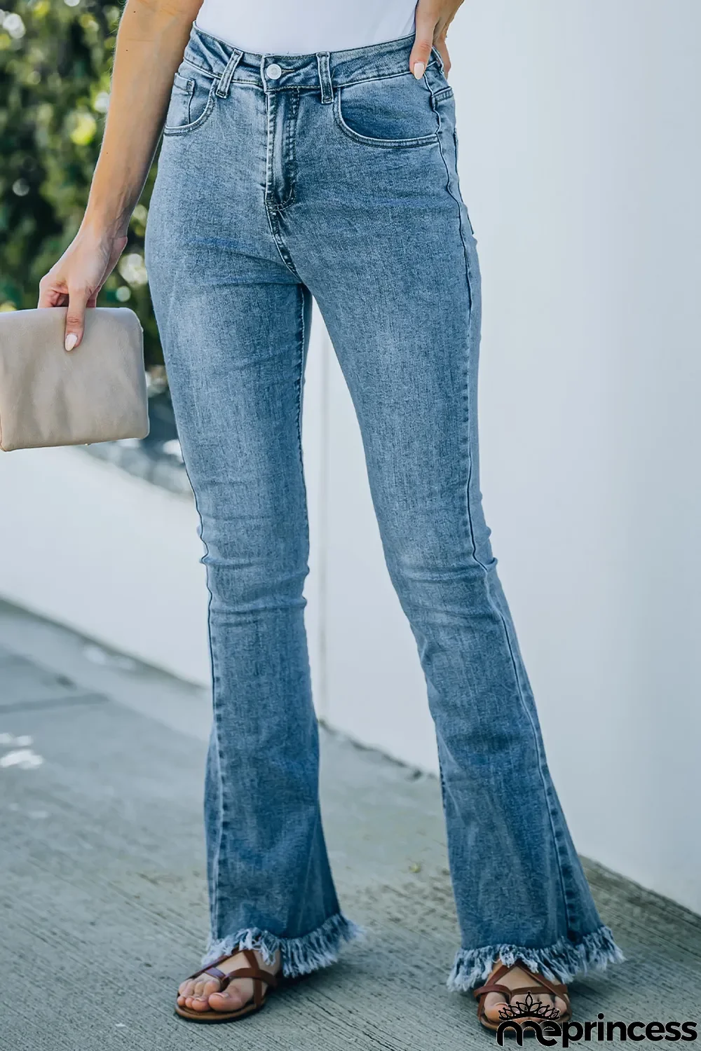 Medium Washed High Waist Flare Jeans with Raw Edges