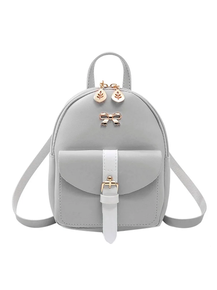 Women Cute Hit Color Bow Leaf Backpack PU Leather Mini Shoulder Bag (Gray)