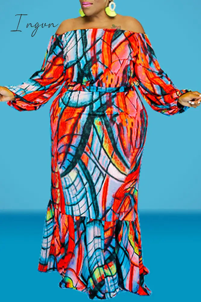 Ingvn - Red Plus Size Casual Print Patchwork Off The Shoulder Straight Two Pieces / Xl Plus Size