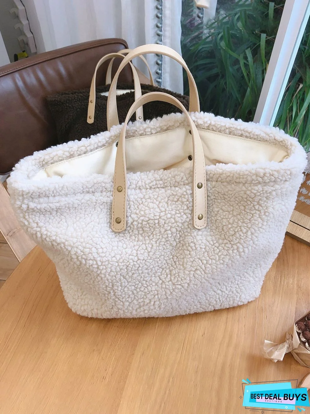 Pure Color Lambswool Large Capacity Handbag