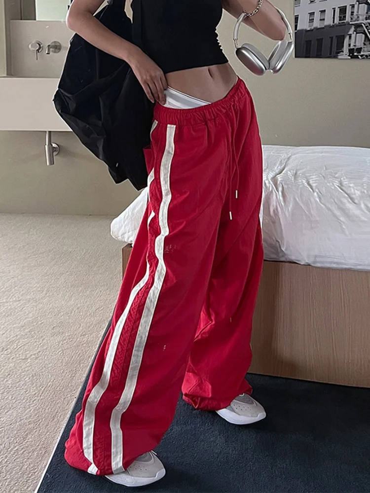 Uveng Baggy Jogging Sweatpants Elastic High Waist Side Stripe Casual Women Pants Streetwear Black Basic Trouser Korean Fashion