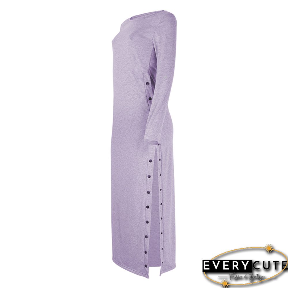 Light Purple Button High Split Long Casual Dress
