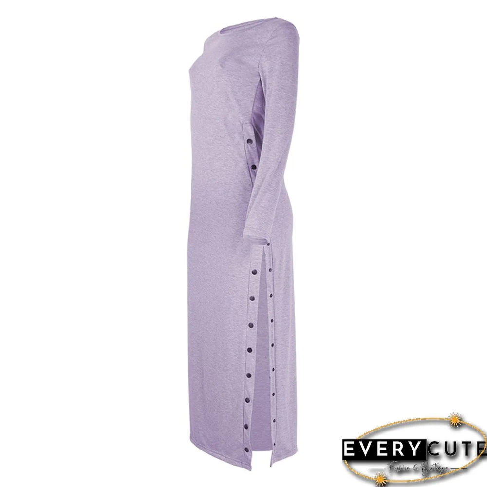 Light Purple Button High Split Long Casual Dress