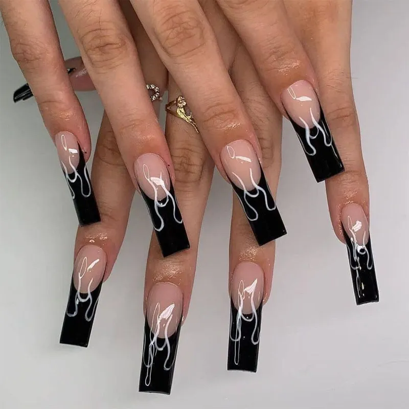 24pcs/set Long Coffin Fake Nails Pre-design Foils Decal Pink Orange Full Cover Nail Art Tips Ballerina Acrylic False Nails 515-1-Nail Inspo