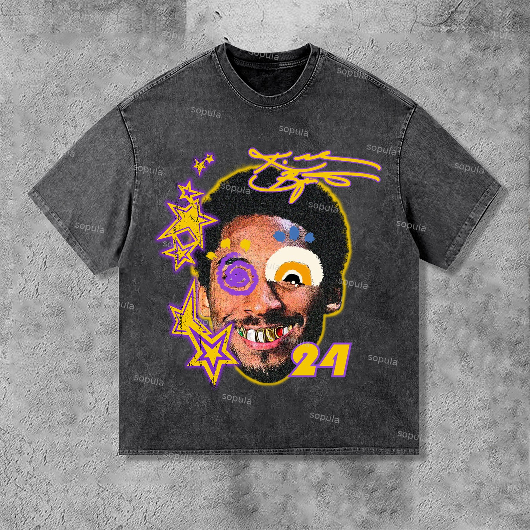 Vintage Kobe Bryant Graffiti Portrait Graphic Print Acid Washed T-Shirt - SOPULA