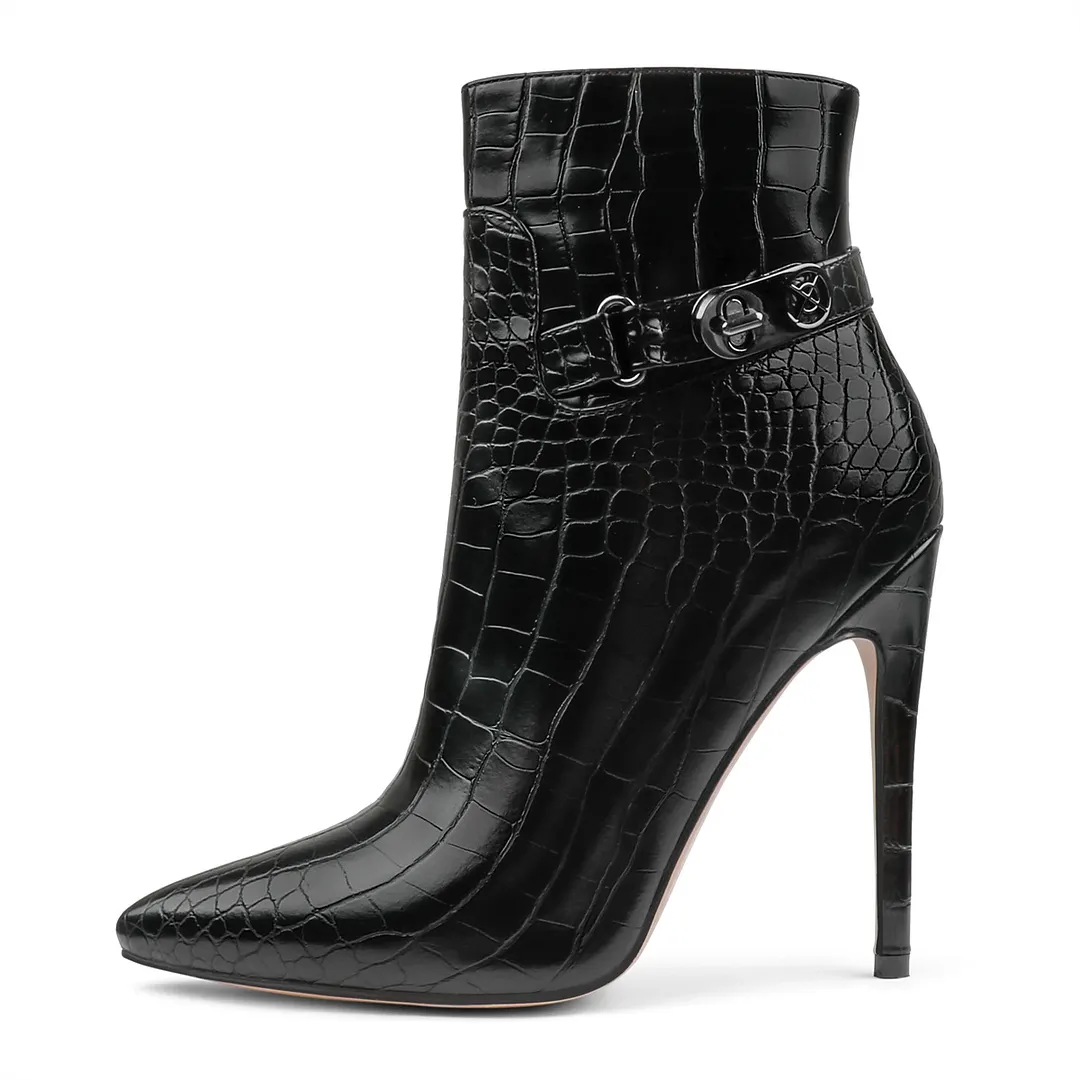 12cm/4.72 inch Pointed Toe Stiletto Crocodile Ankle Booties With Metal Buckle